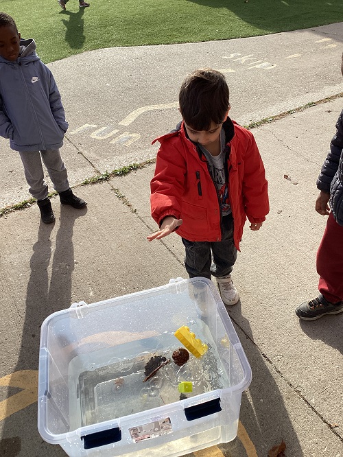 child adding items into a large clear bucket of water