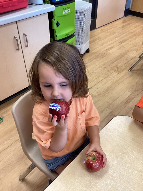 child sitting at a table taking a bite out of an apple