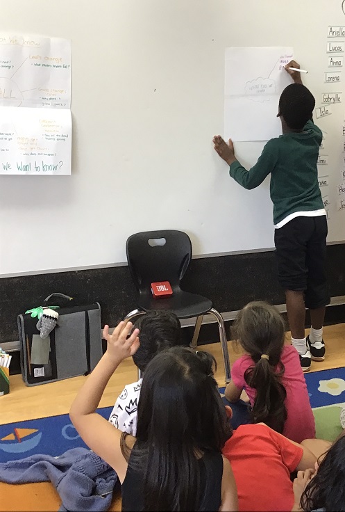 child at the white board writing on a piece of paper while other children sit on the carpet behind him