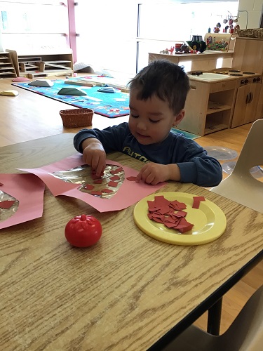 Toddler sticking pieces to heart outline
