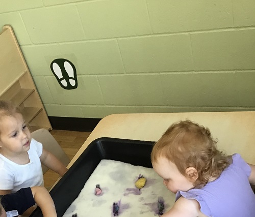 Children playing in a sensory bin on the table