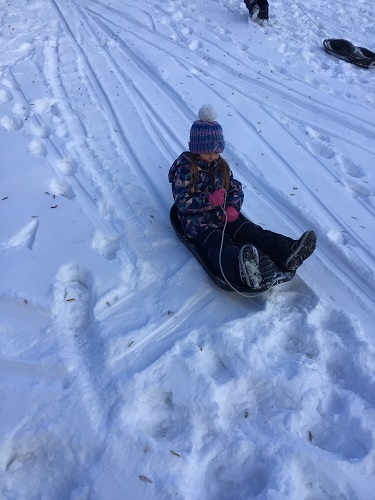 A child sliding down the hill on a toboggan