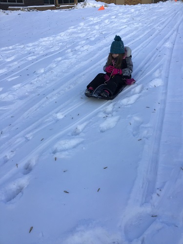 A child sliding down the hill on a toboggan