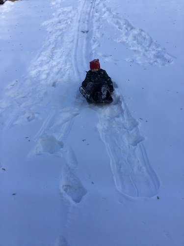 A child sliding down the hill on a toboggan