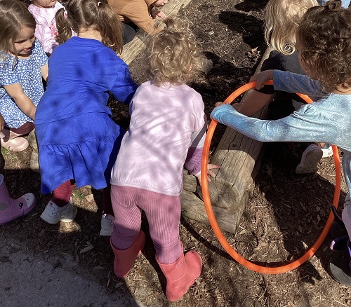 7 preschool childing leaning over the garden and looking at the mulch