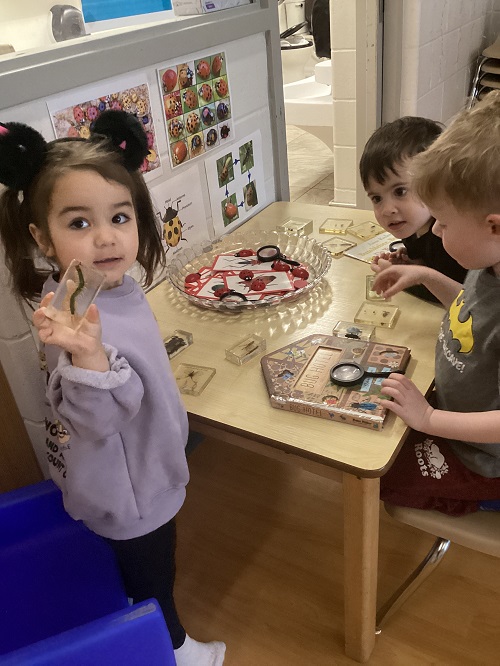 Children exploring with natural items and magnifying glasses.