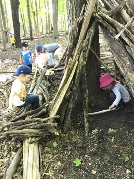 children in the forest building a fort with logs and twigs