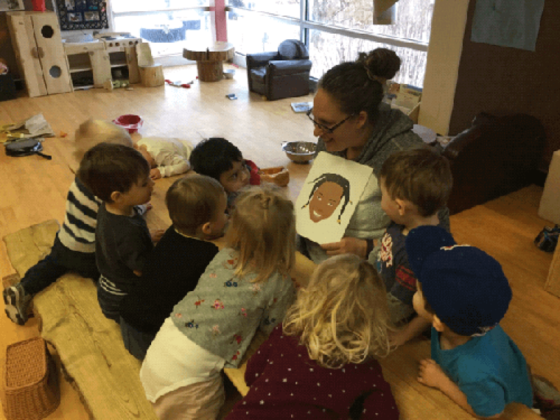 educator reading a book to children