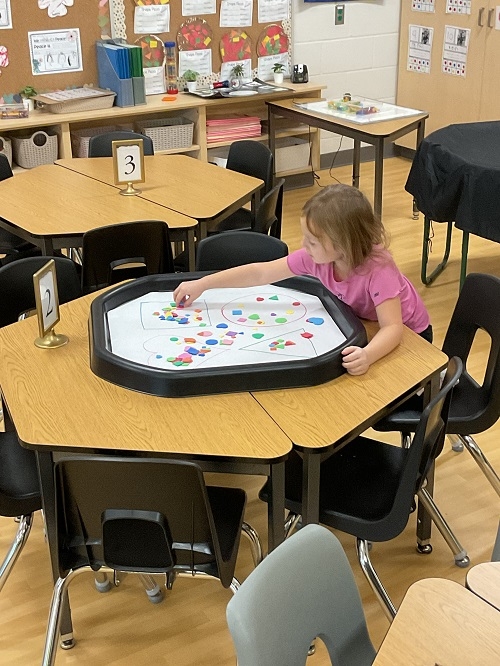 The children were presented with shapes drawn on a paper, as well as small foam shapes. They made patterns, and sorted them.