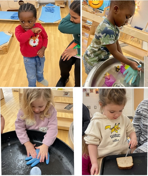 These learning experiences supported the children's understanding of health, hygiene, and self care through meaningful, hands on exploration.  We will be completing a project focused on germs and self care to extend our learning.