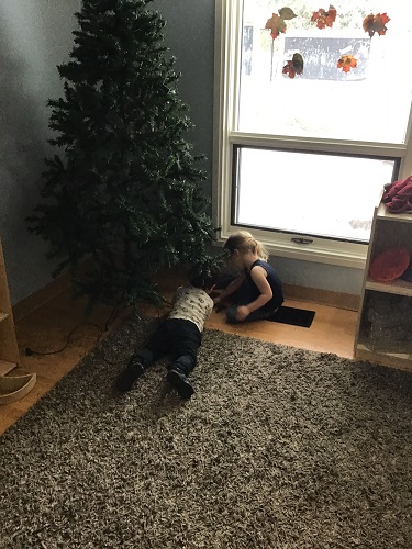 kids checking out the tree