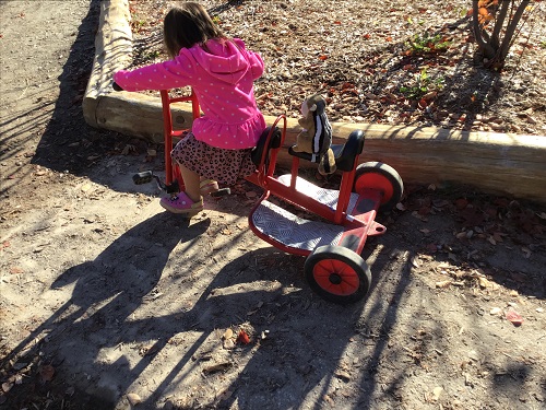 Toddler trying to pedal a big tricycle.